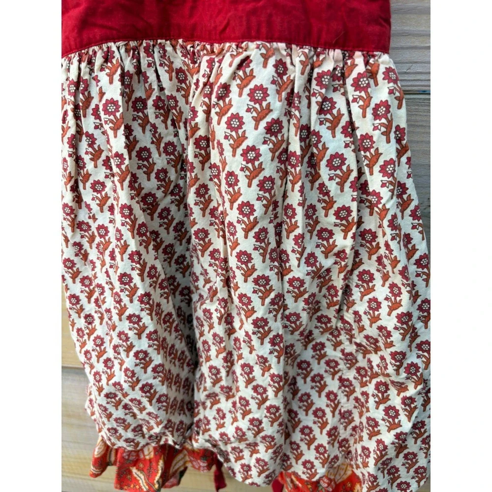 Two's Company Floral homemade Print Halter Apron Red Orange Cotton Ruffle Hem